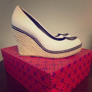 Tory Burch White Canvas Espadrille Wedges